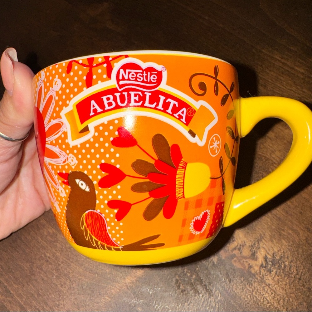 Nestle Abuelita Colorful Brown Bird Red Wings Heart Flowers, Coffee Tea Cup Mug